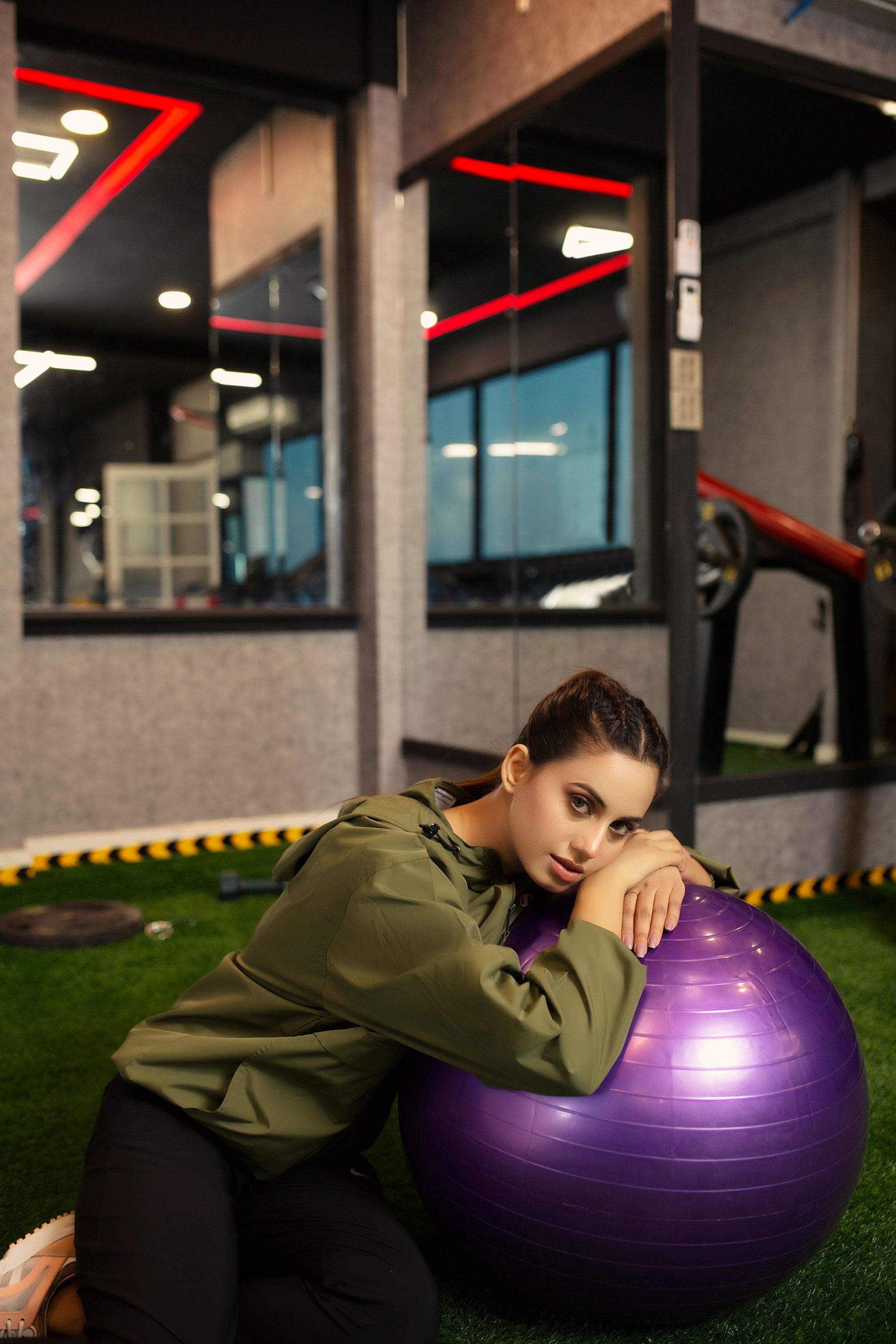 Lekhanashala gym ball for exercise — professional anti-burst stability ball with foot pump in lime green colour on a gym floor